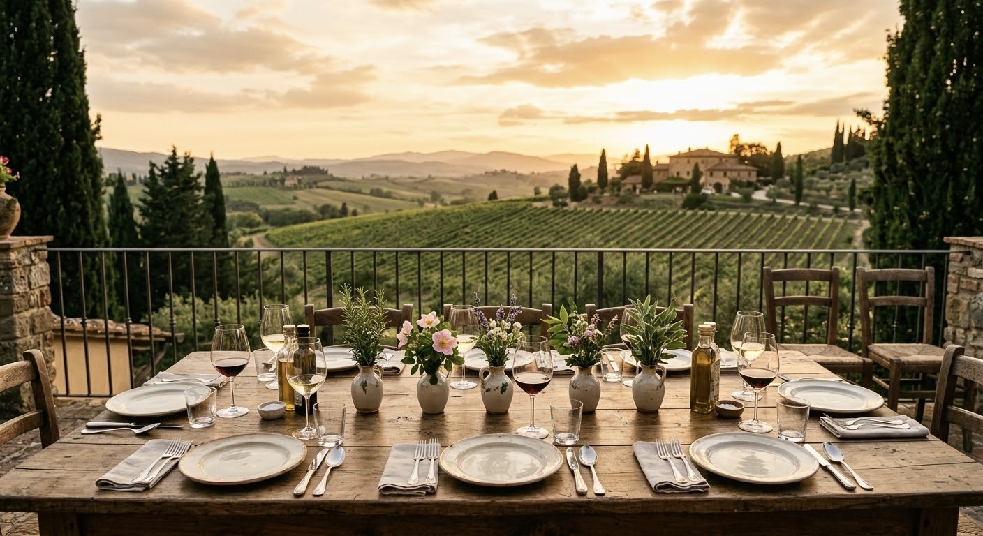 Vineyards and cypress trees across the Tuscan hills at sunset