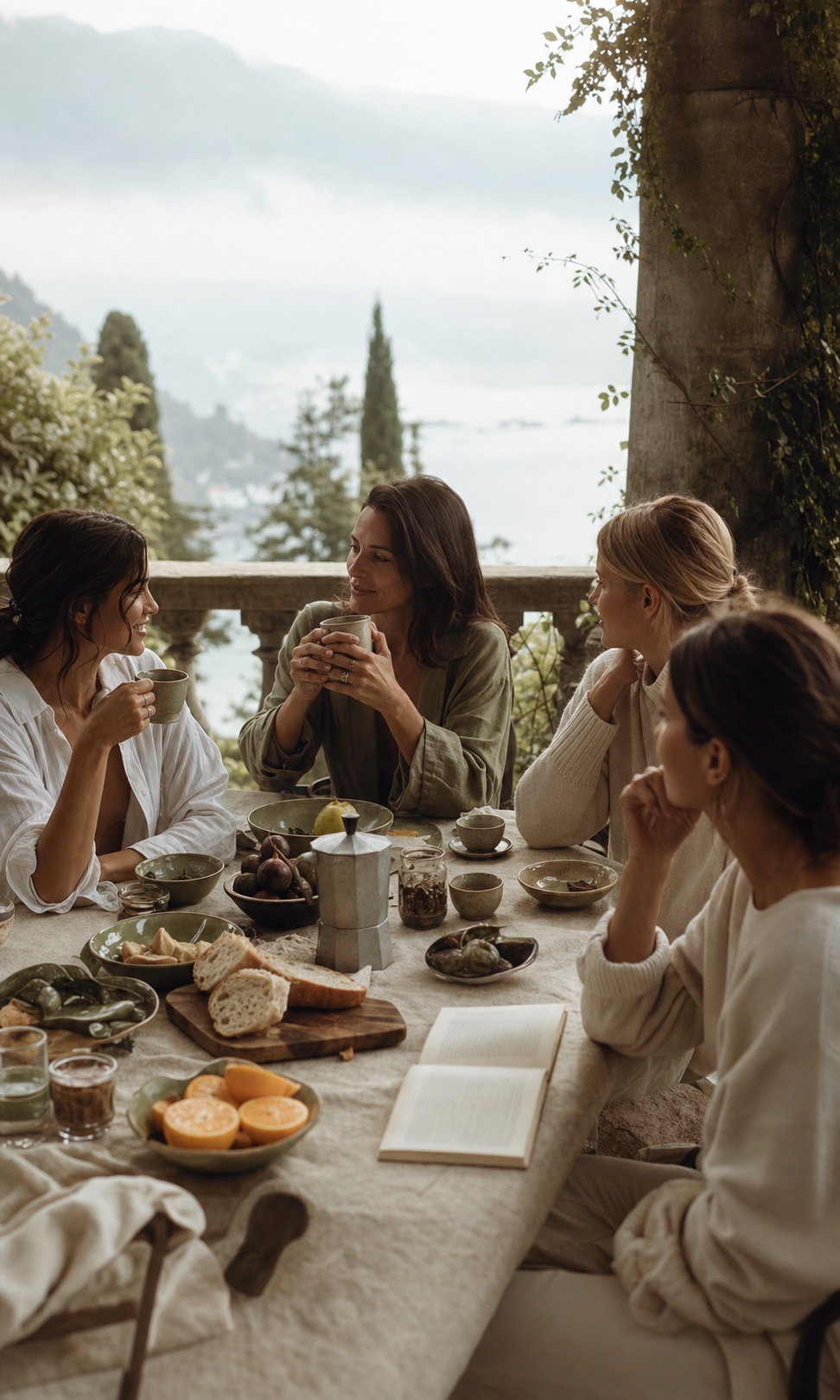 Women sharing an unhurried breakfast on a terrace overlooking a lake